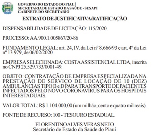 O termo de ratificação foi publicado no Diário Oficial do Estado pelo secretário Florentino Neto.