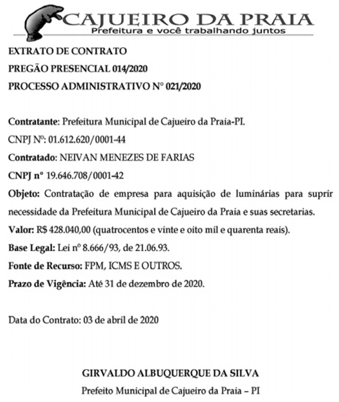 Dr. Girvaldo assinou contrato com o empresário Neivan Menezes de Farias.