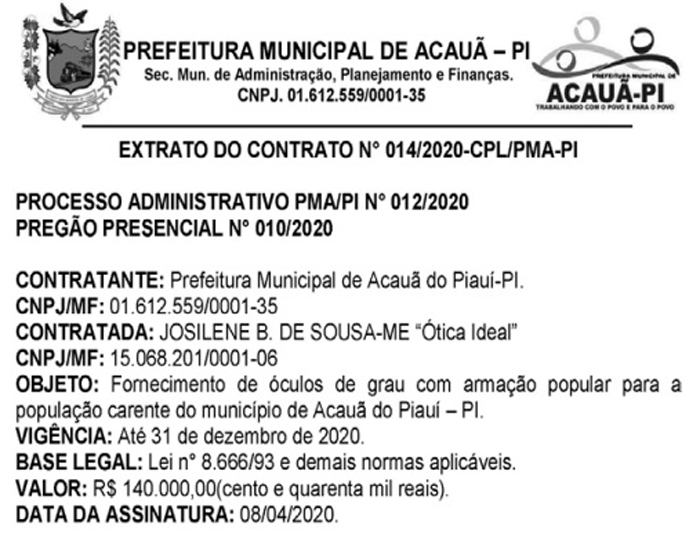 Extrato de contrato entre a prefeitura e a Ótica Leal.