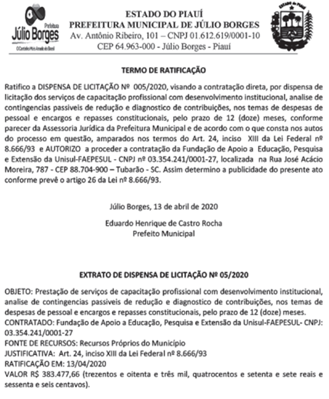 Publicação da Prefeitura de Júlio Borges no Diário Oficial dos Municípios.