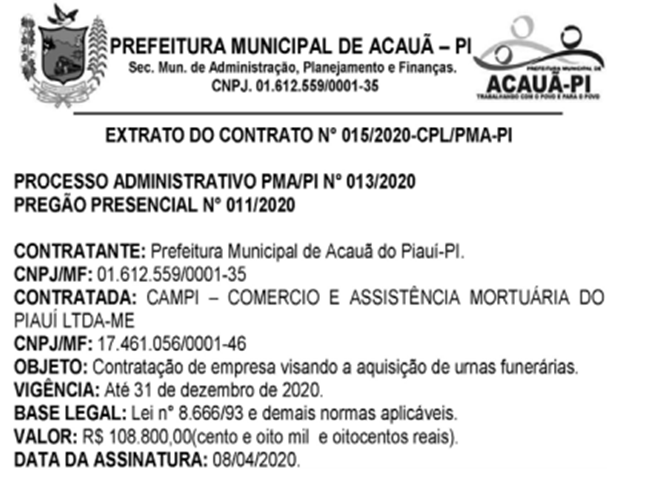 Publicação da Prefeitura Municipal de Acauã do Piauí.