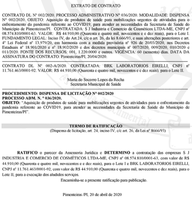 Ratificação do contrato firmado pela Prefeitura de Pimenteiras.