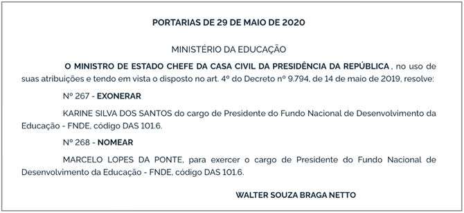Nomeação de Marcelo Lopes da Ponte para a presidência do FNDE.