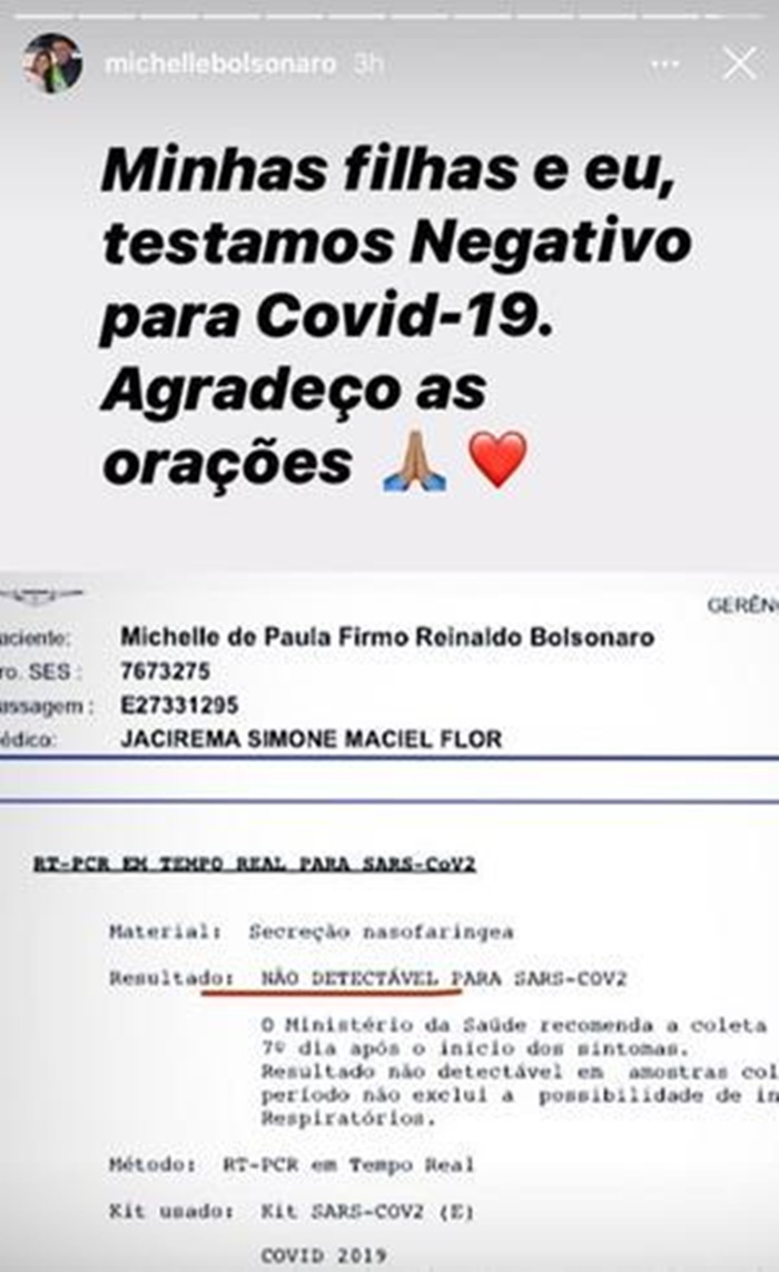 Michelle Bolsonaro diz que testou negativo para covid-19