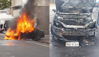 O carro pegou fogo na Rua Elizeu Martins, no Centro de Teresina.