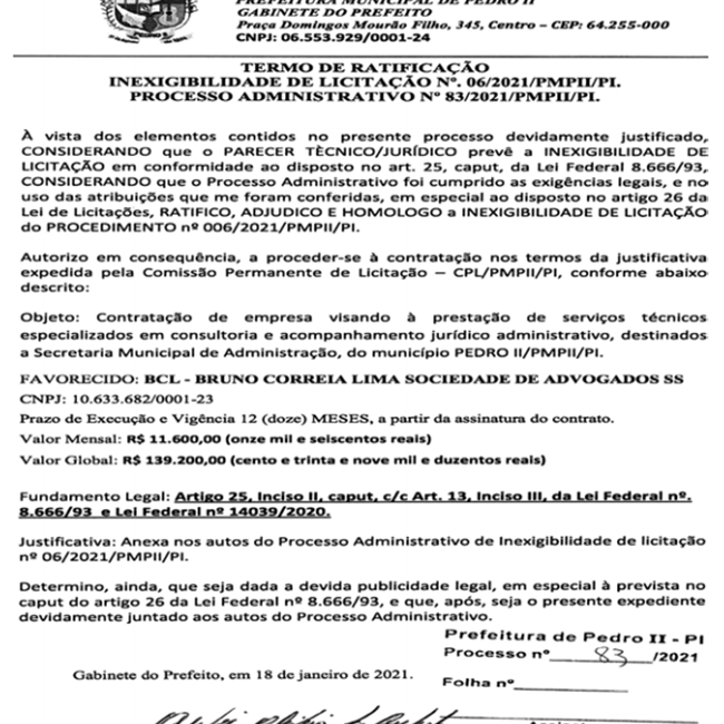Processo Administrativo nº 083/2021.