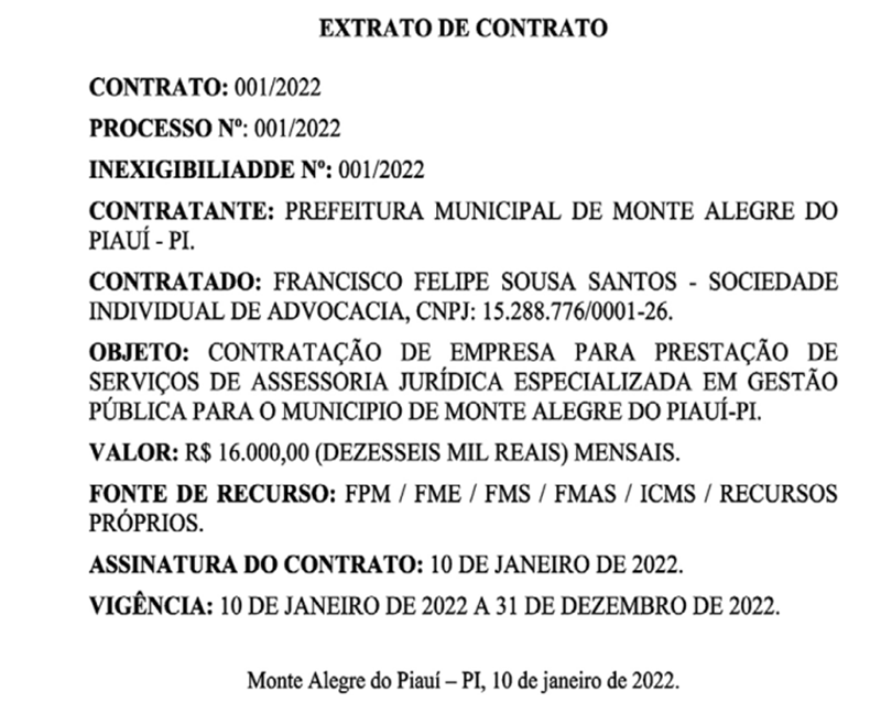 Contrato assinado pelo prefeito de Monte Alegre do Piauí.