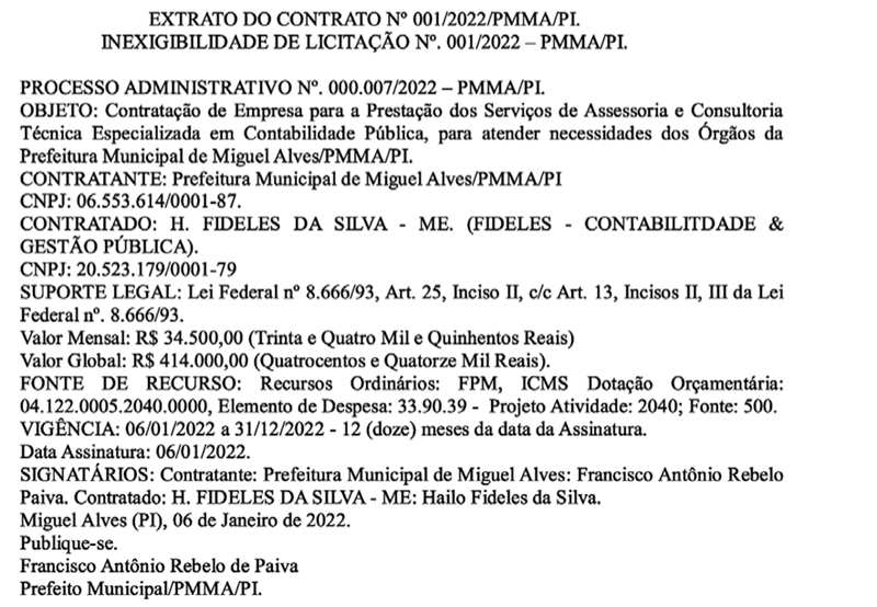 Contrato assinado pelo prefeito de Miguel Alves.