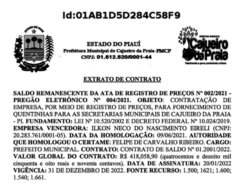 Contrato assinado pelo prefeito de Cajueiro da Praia.