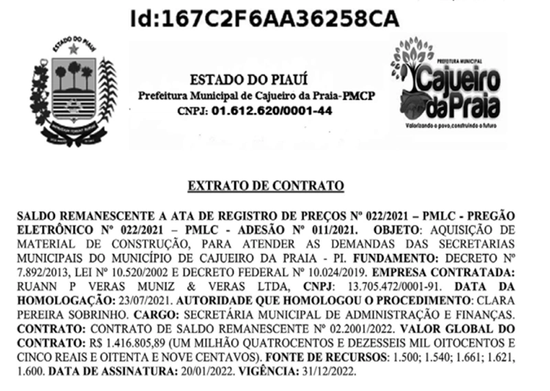 Contrato firmado pelo prefeito de Cajueiro da Praia, Felipe Ribeiro.