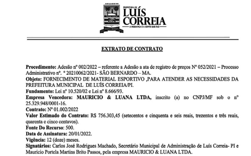Contrato assinado pela prefeita de Luís Correia.