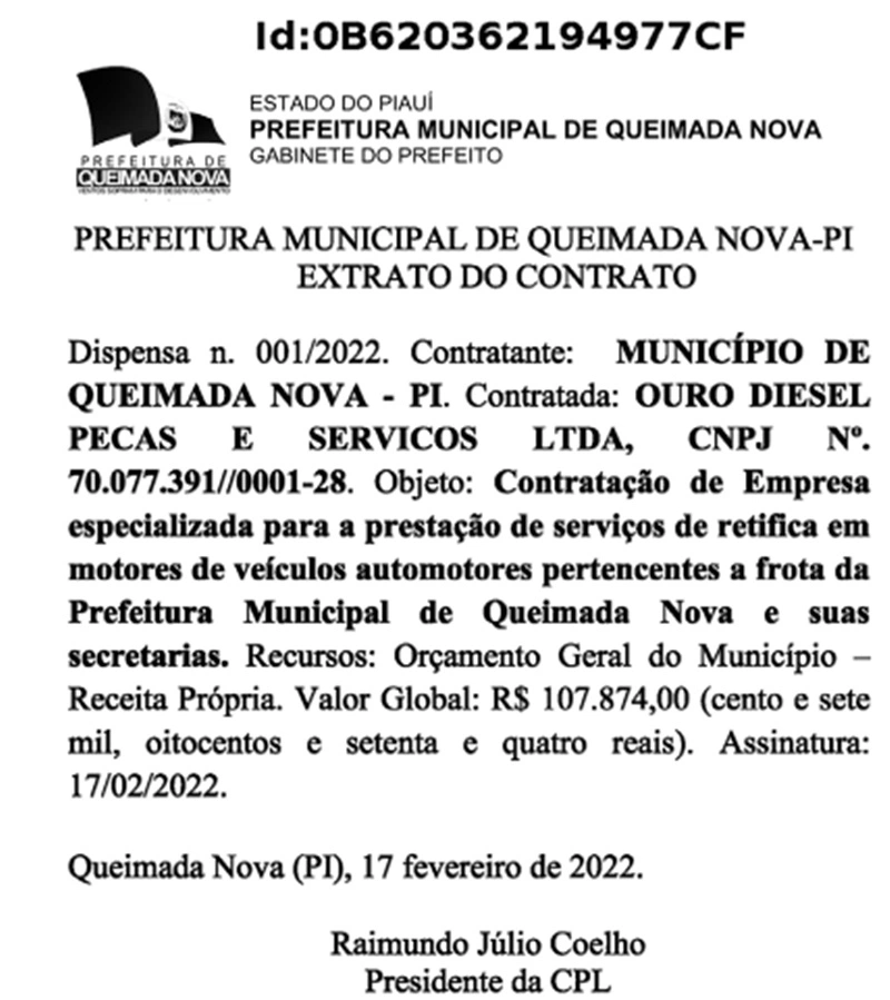 Contrato assinado pelo prefeito de Queimada Nova, Raimundo Julio.