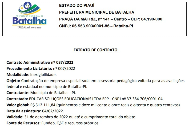 Extrato de contrato com a empresa Educar Soluções Educacionais Ltda.