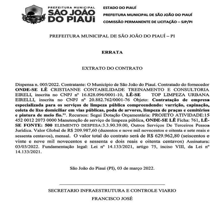 Contrato assinado pelo prefeito de São João do Piauí.