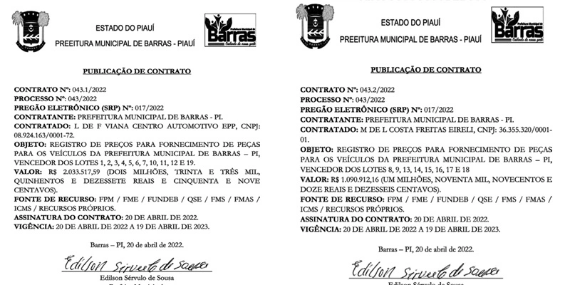Contratos firmados pelo prefeito de Barras.