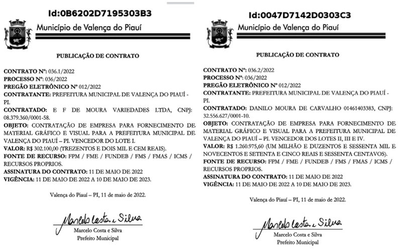 Contratos firmados pelo prefeito de Valença do Piauí, Marcelo Costa.