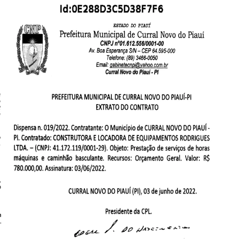 Contrato firmado pelo prefeito de Curral Novo do Piauí, Júnior de Abel