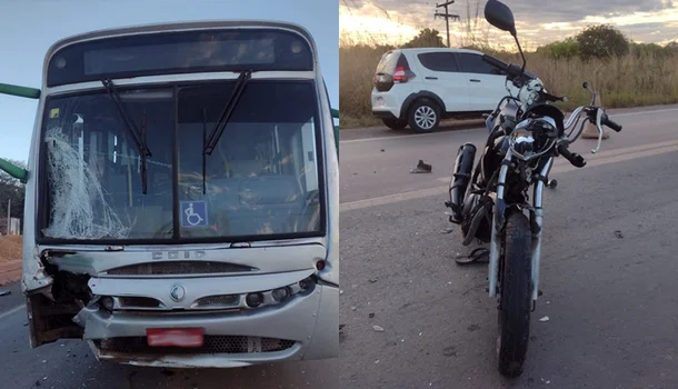 Ônibus e motocicleta envolvidos em acidente na BR 316 em Teresina.