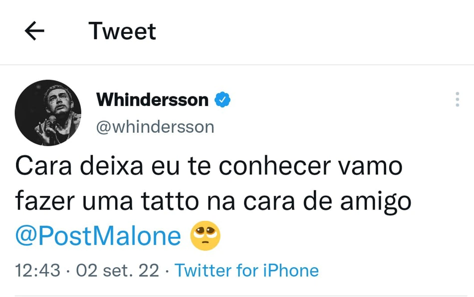 Whindersson Nunes brinca com Post Malone em publicação no Twitter.