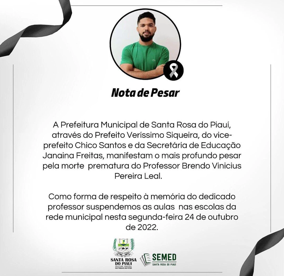 Nota de pesar da Prefeitura de Santa Rosa do Piauí.