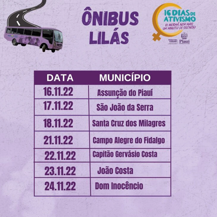 Programação do ônibus Lilás.