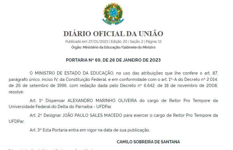 Exoneração de Alexandro Marinho Oliveira do cargo de reitor da UFDPar.