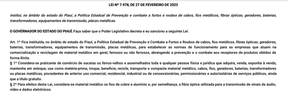 Lei que instituí combate a roubos de fios e cabos é sancionada no Piauí.