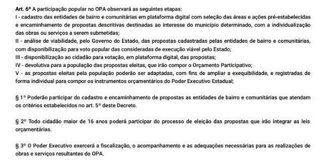 Trecho do decreto que institui o Programa de Orçamento Participativo do Estado.