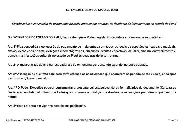 Lei Nº 8.051, DE 24 DE MAIO DE 2023, Meia-entrada para doadoras de leite materno no Piauí.