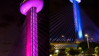 Ponte Estaiada nas cores rosa e azul.