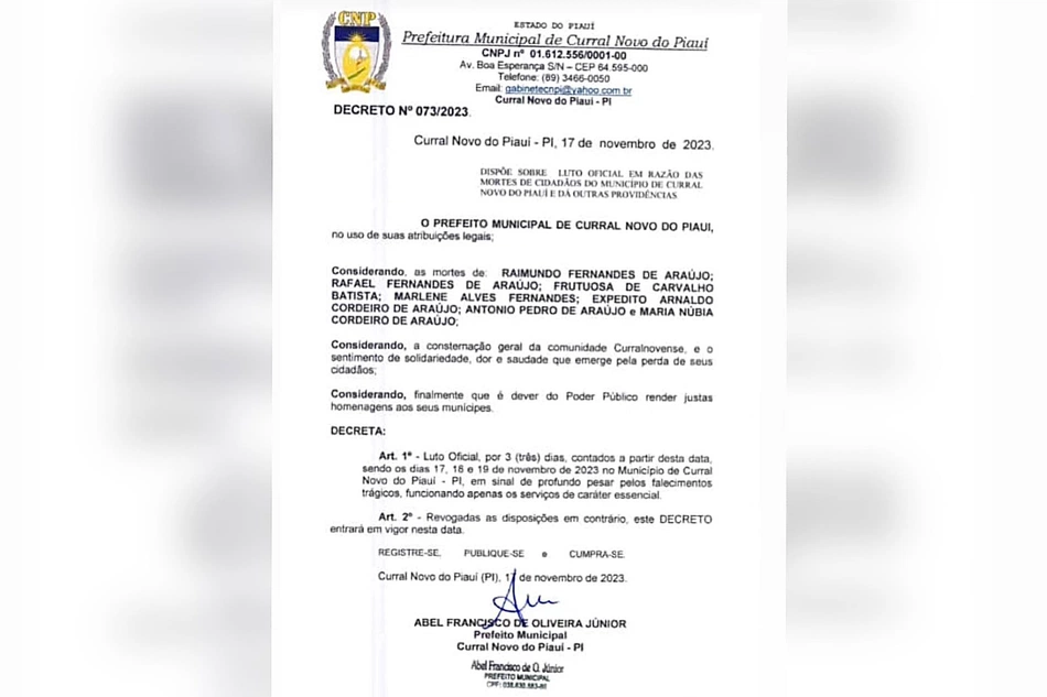Decreto publicado pela Prefeitura de Curral Novo do Piauí