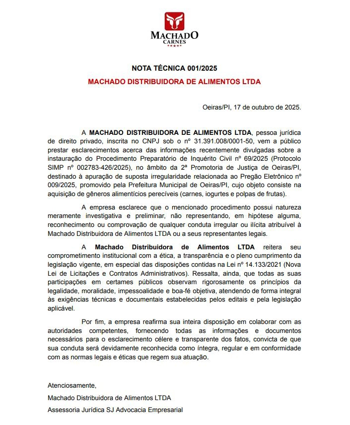 Nota técnica da empresa