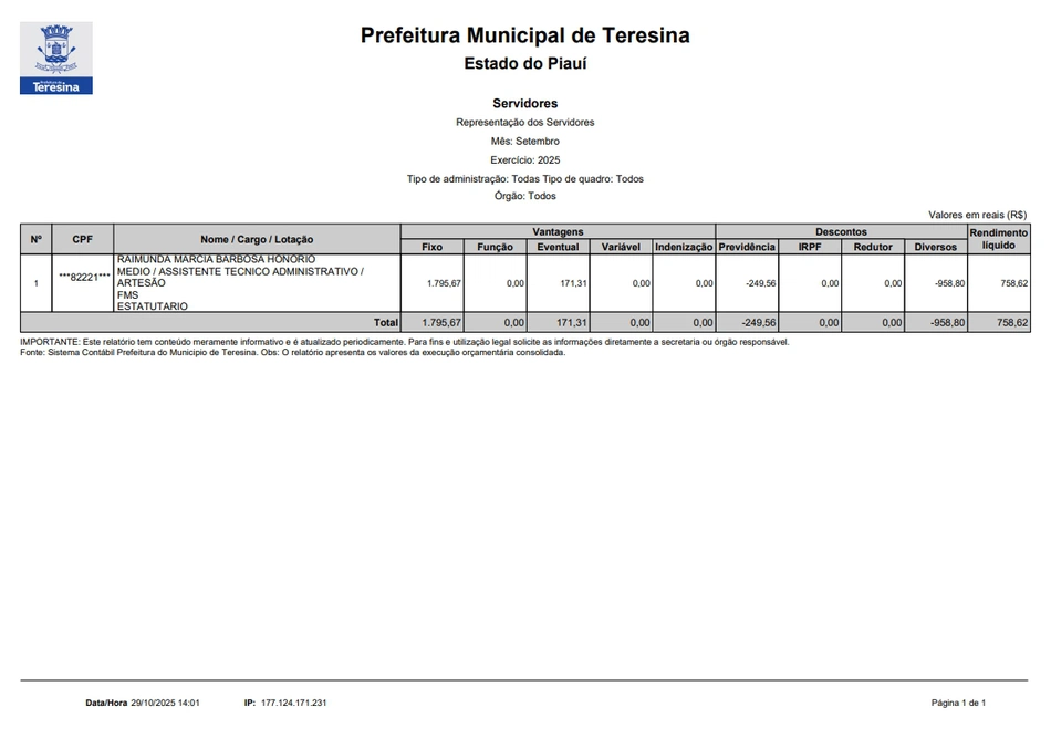 Contracheque da servidora