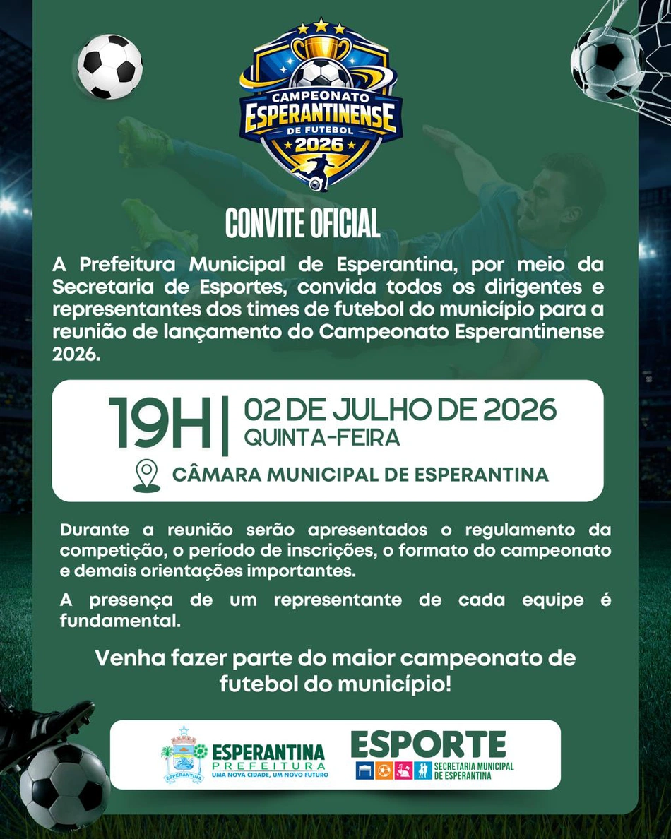Campeonato Esperantinense de Futebol 2026 será lançado em reunião com dirigentes de equipes