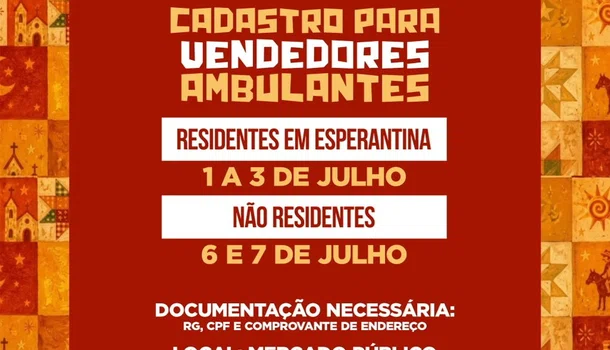 Prefeitura de Esperantina abre cadastro para vendedores ambulantes do São João da Esperança 2026