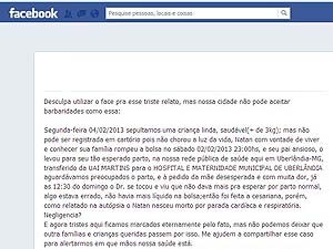 Fam&iacute;lia usa o Facebook para relatar o caso(Imagem:Reprodu&ccedil;&atilde;o)