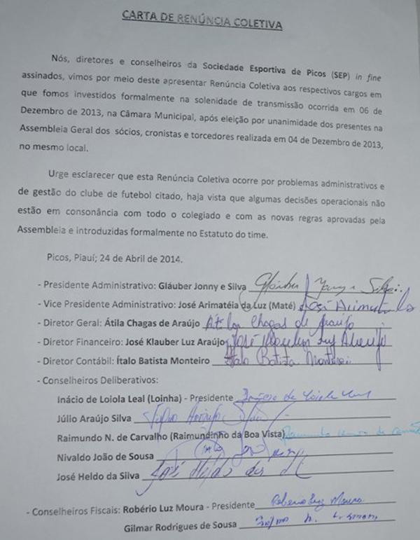 Carta renúncia.(Imagem:Reprodução)