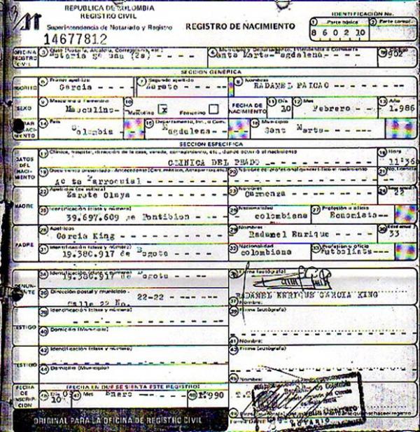 Certidão que comprovaria nascimento de Falcao em 1986(Imagem:Reprodução )
