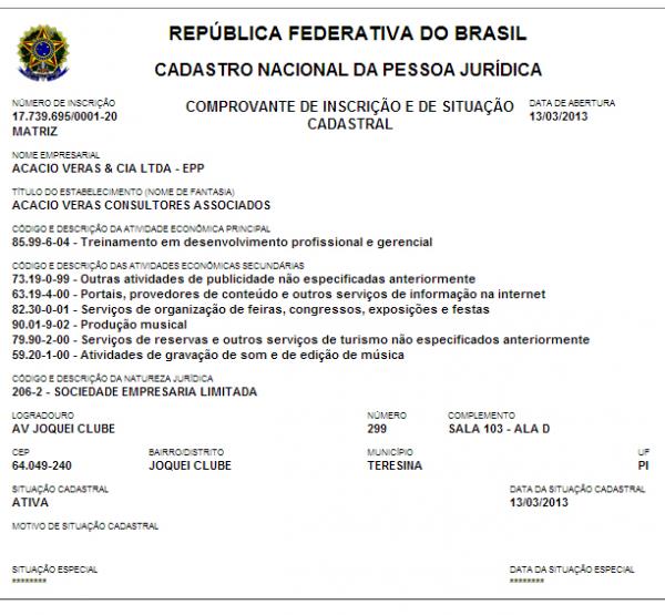 CNPJ da empresa de Acácio Veras.(Imagem:Reprodução/Viagora)