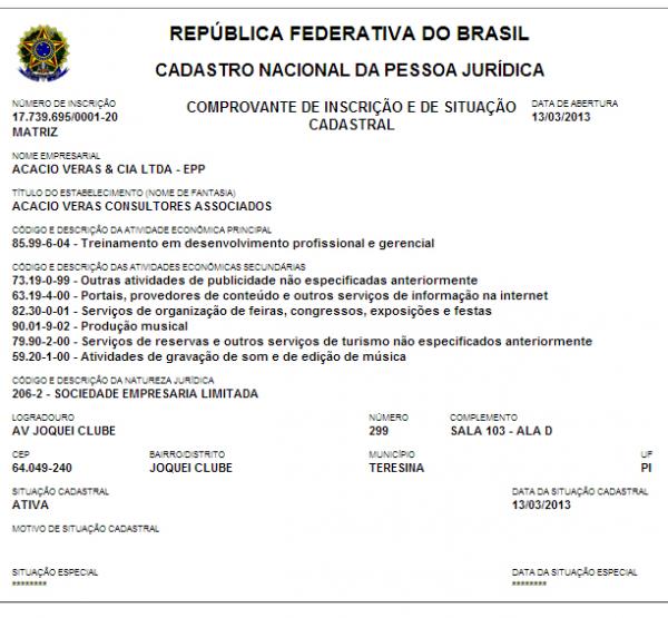 CNPJ da empresa de Ac&aacute;cio Veras.(Imagem:Reprodu&ccedil;&atilde;o/Viagora)