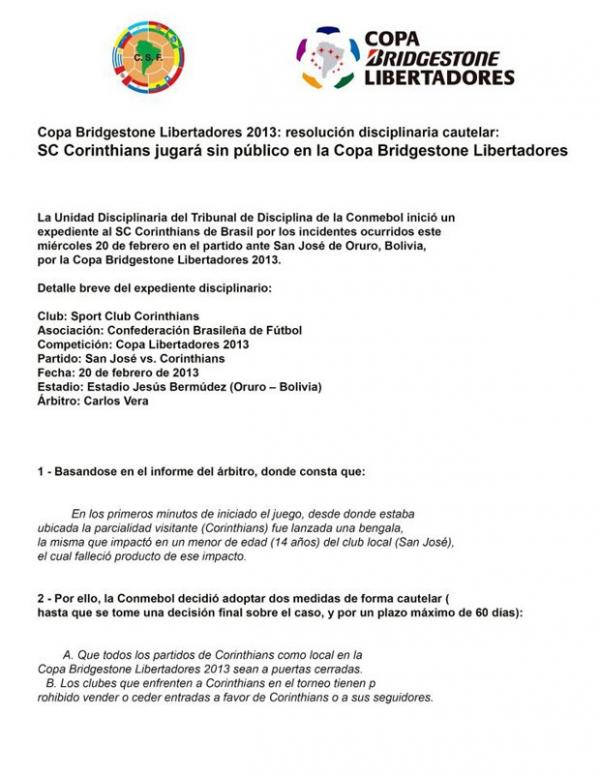 Comunicado da Conmebol que pune o Corinthians pela confus&atilde;o em Oruro(Imagem:Reprodu&ccedil;&atilde;o)