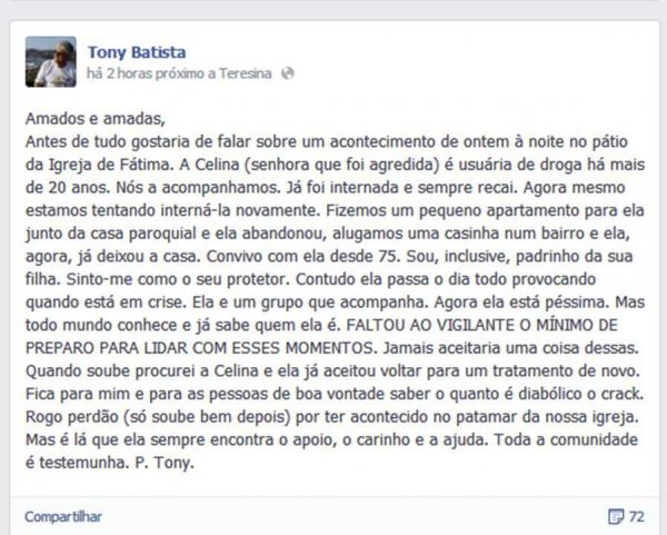 Declaração do padre Tony Batista no Facebook(Imagem:Reprodução)