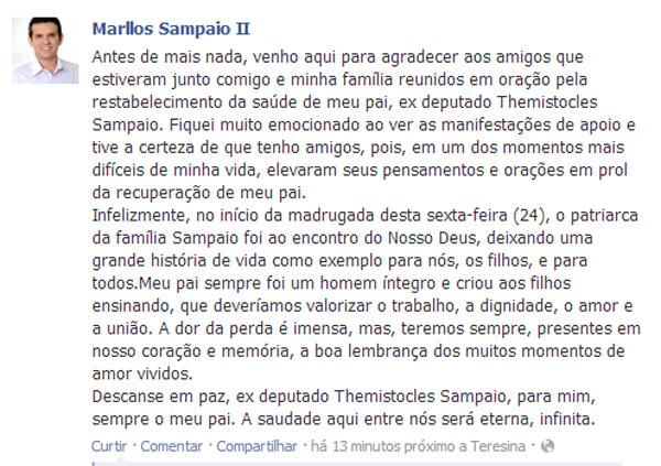Deputado Marllos publica no fabook o falecimento de seu pai.(Imagem:Portal Viagora)