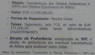 Documento sobre transferência confirma venda por 17,1 milhões de euros