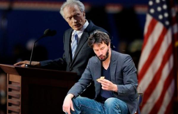 Em uma das montagens, o ator Keanu Reeves est&aacute; sentado na cadeira(Imagem:Reprodu&ccedil;&atilde;o)