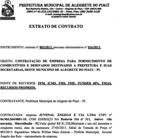 Extrato de contrato com a empresa Juvenal Ângelo e Cia LTDA (Imagem:Reprodução)