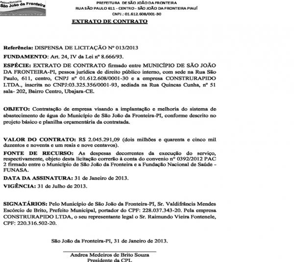 Extrato do contrato(Imagem:Reprodu&ccedil;&atilde;o)