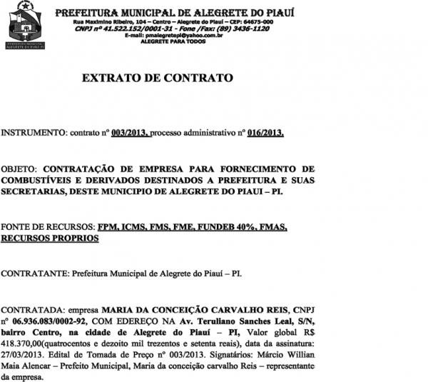 Extrato do contrato com a empresa Maria da Conceição Carvalho Reis-ME (Imagem:Reprodução)