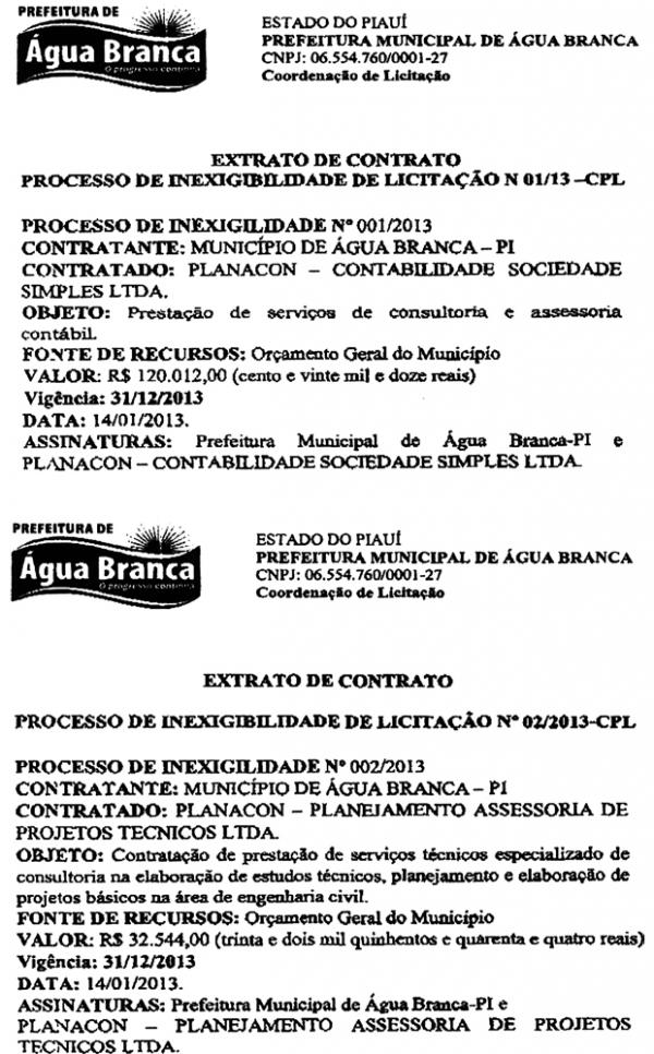 Extratos de contratos da Planacon.(Imagem:Reprodução/Viagora)