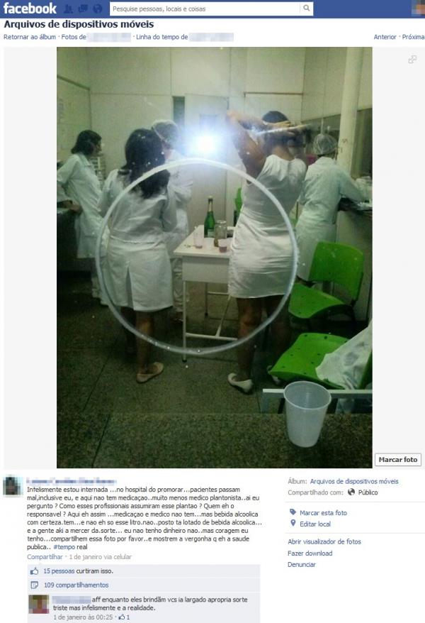 Foto no Facebook mostra enfermeiras brindando Réveillon (Imagem:Reprodução)